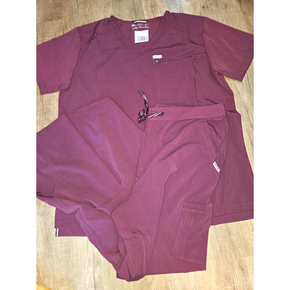 AriatTEK Men's Scrub Set L Burgundy Solid Knit Polyester Top & Pants